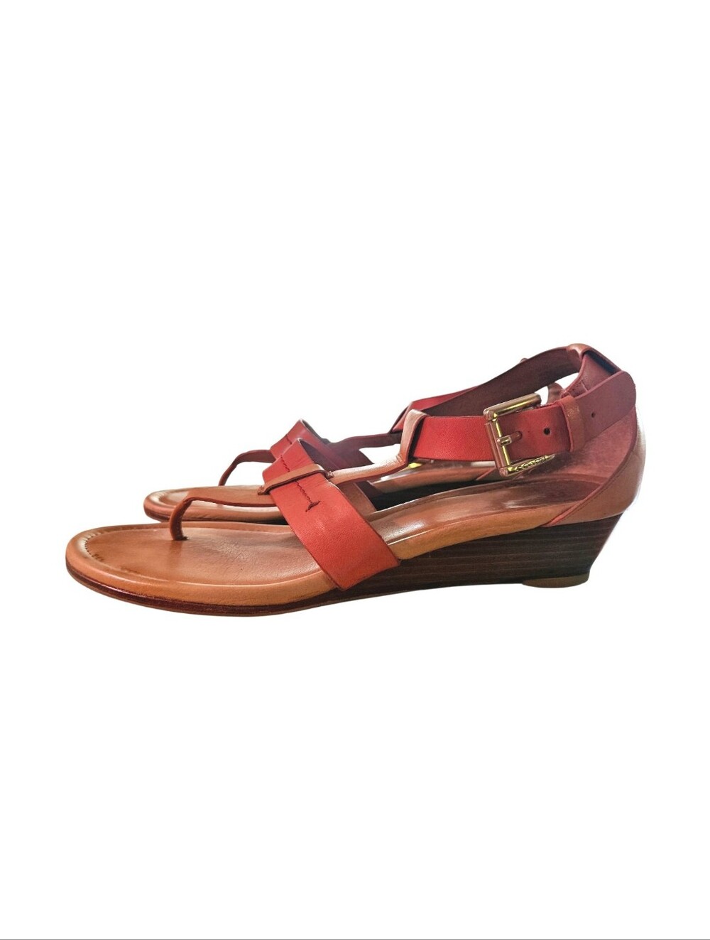 Coach Velvet Vachetta Leather Wedge Thong Sandals Tan Pink Orange 8.5